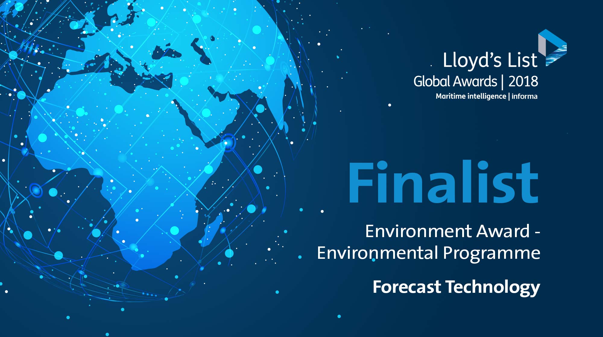 A colour image of the global in blue hues used for the LA colour image of the banner announcing the Lloyds Environment Award Finalist Forecast Technology